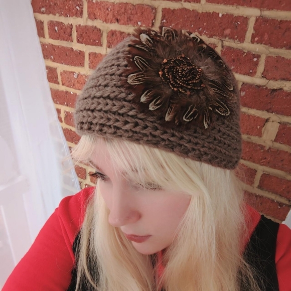 Brown Knit Adjustable Headband with Feather & Bead Flower - Picture 1 of 7